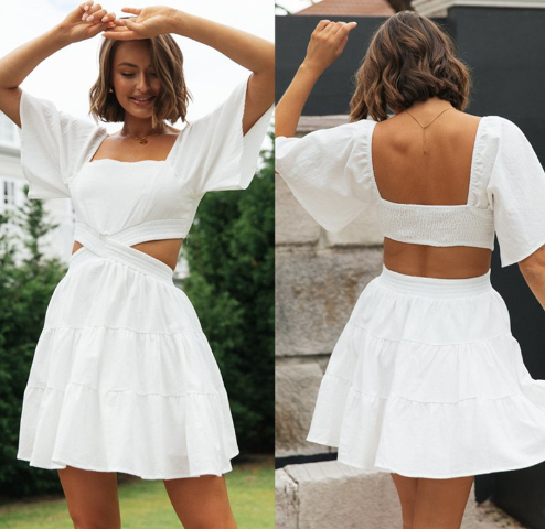 Women's Summer Dress with Lace Puff Sleeves