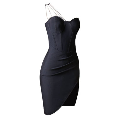One-Shoulder Elegant Dress with Diamond Accents