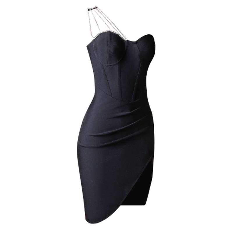 One-Shoulder Elegant Dress with Diamond Accents