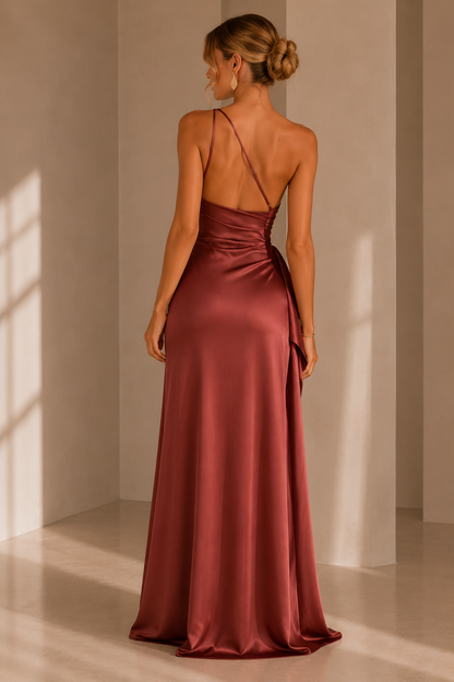 June One-Shoulder Satin Maxi Dress